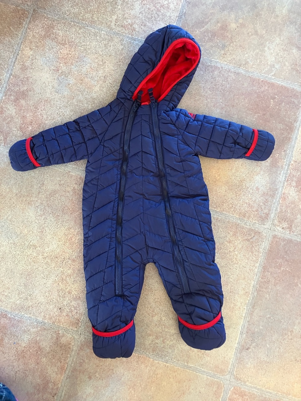Navy and Red Quilted Hooded Kids Snowsuit